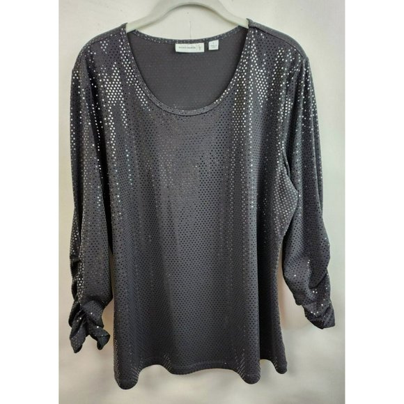 Susan Graver Tops - Susan Graver Black Sequined Liquid Knit Ruched Sleeve Top Size Large